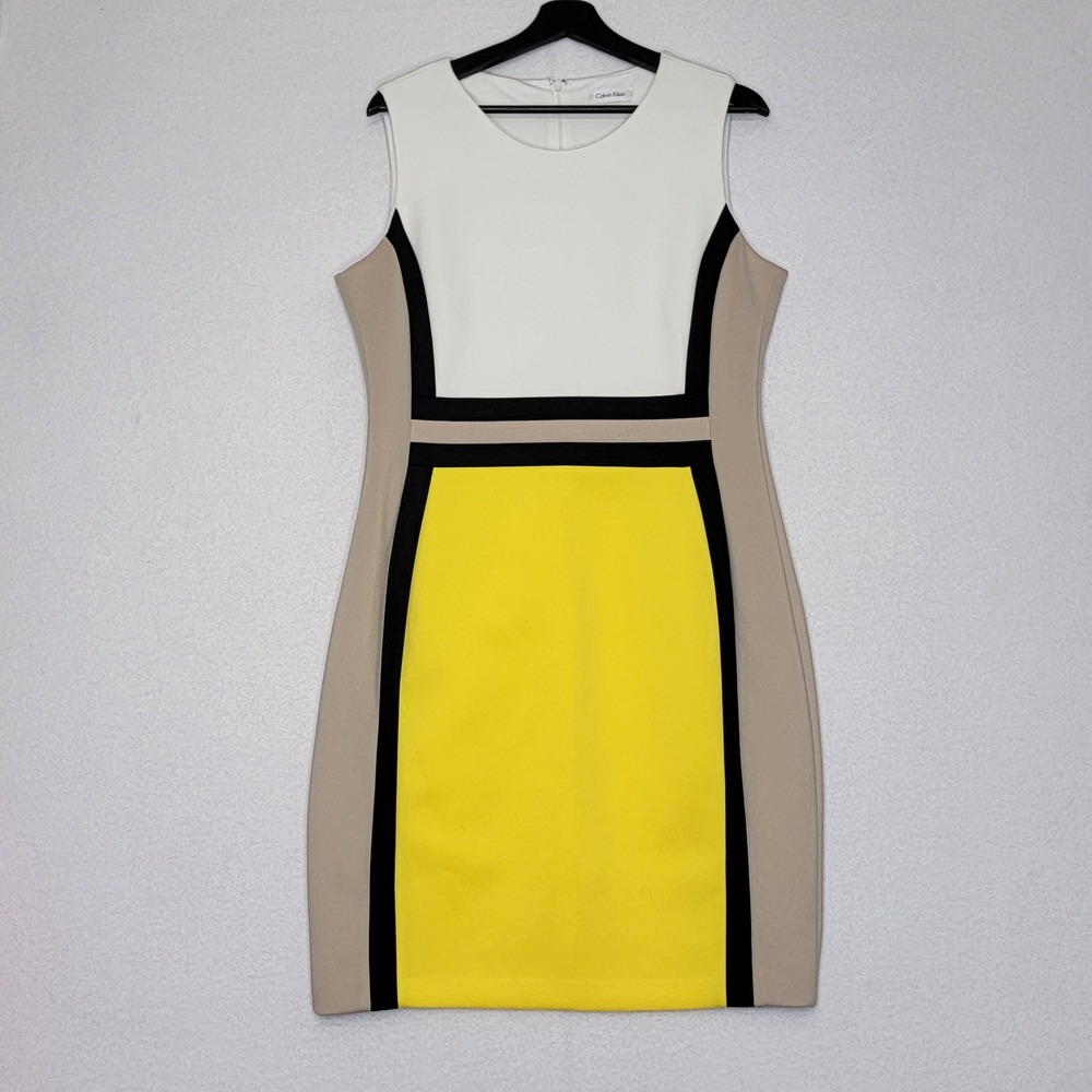 Calvin Klein Womens Colorblock Sheath Dress Yellow White Tan Black Size 14